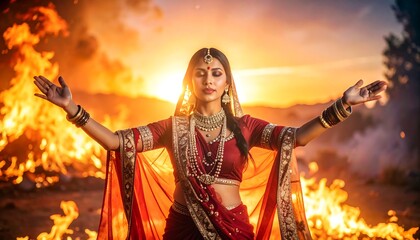 Woman in traditional Indian attire amidst flames