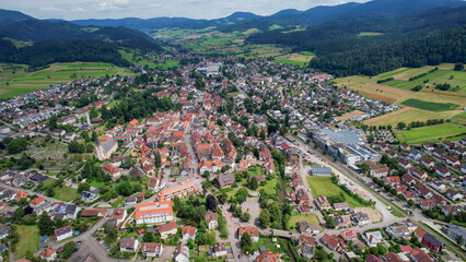 Aerial view around the old town in the city Zell, 77736 on an sunny spring day	