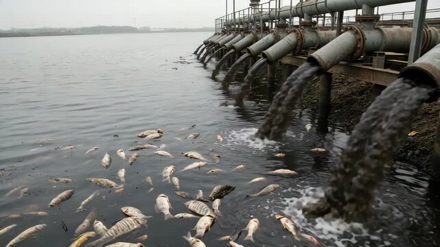 Industrial Pipes Pouring Effluent Into Waterway Causing Massive Fish Kill with Dead Fish Floating in Water Showing Environmental Pollution