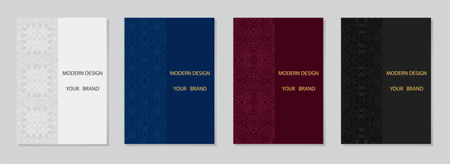 Set of covers, vertical templates. Collection of geometric backgrounds with ethnic exotic patterns. Mandala, arabesques, logo. Relief 3D ornaments, motifs of the East, Asia, India, Mexico, Aztec, Peru