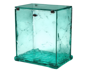 Textured teal glass rectangular container with metal fasteners isolated on transparent background