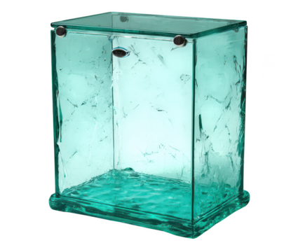 Textured teal glass rectangular container with metal fasteners isolated on transparent background