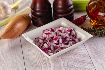 Diced red onion in the bowl