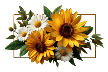Vibrant sunflowers and daisies bloom in a golden frame