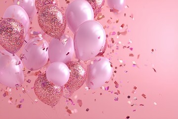 Pink balloons and confetti on a pastel background