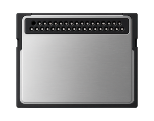 CompactFlash card with a silver metallic casing and a row of pin holes