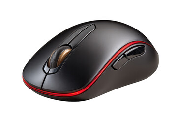 Sleek black computer mouse with illuminated red accents and a golden scroll wheel