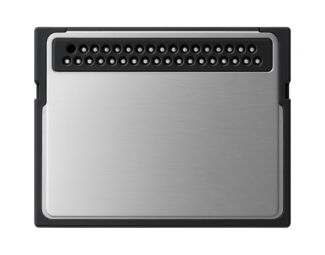 CompactFlash card with a silver metallic casing and a row of pin holes