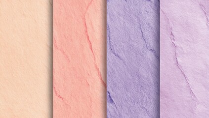 Fototapeta premium Four vertical panels of pastel-toned, textured, marbled surfaces in peach, coral, purple, and lavender