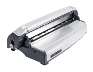 Manual paper cutter, isolated on white, used for office, craft, and print shop tasks.