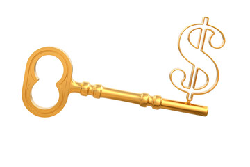 Key from dollar on white background. Isolated 3D illustration