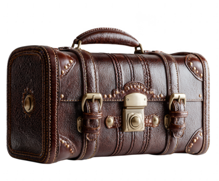 Vintage brown leather suitcase with brass hardware isolated on transparent background
