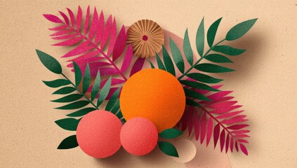 Paper art design with pink, orange, and green foliage,  circles