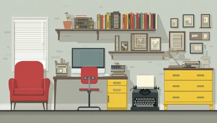 Retro home office interior, shelves, books, red chair, yellow cabinet, typewriter, computer