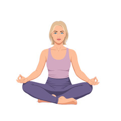 Fototapeta premium Blond woman meditates peacefully in a cross-legged seated yoga pose.