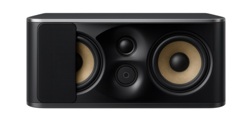 Center channel speaker with curved front baffle and magnetic grille attachment