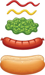 Cartoon hot dog ingredients: ketchup, mustard, relish, sausage, and bun