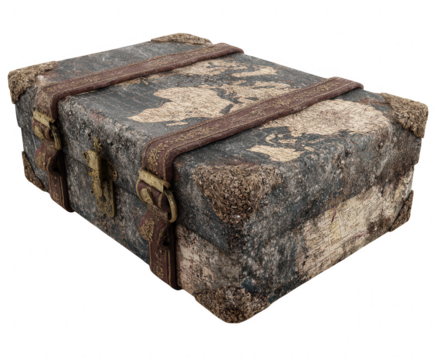 Antique world map suitcase with ornate brass clasps and straps isolated on transparent background - Powered by Adobe