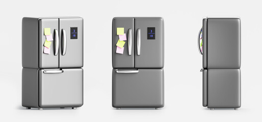 3d kitchen fridge front, side and angle view. Silver french door refrigerator with freezer, display, handles, color paper stickers. Isolated household appliances, realistic render set. 3D illustration
