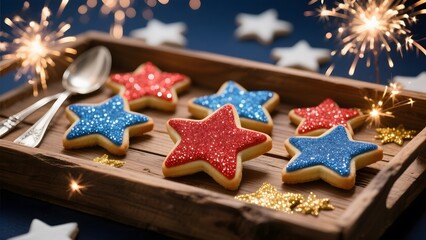 Star-shaped cookies decorated with red, white, and blue icing on a wooden tray, surrounded by festive sparklers.