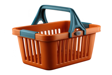Orange plastic shopping basket with blue handles isolated on a transparent background