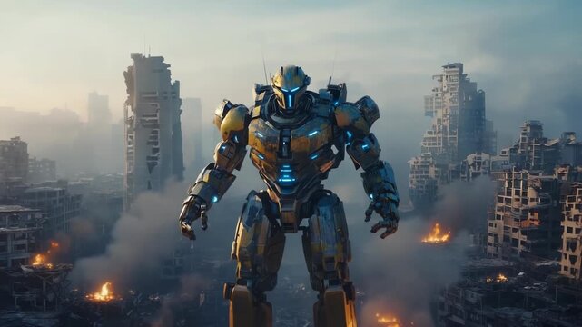A large yellow and blue robot stands in a devastated urban landscape. Smoke rises from the ruins of buildings, creating a dramatic post-apocalyptic scene.