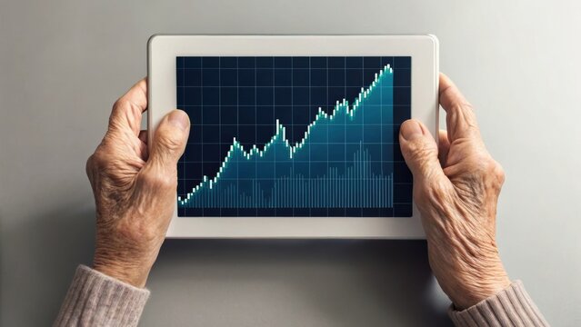 An elderly person examines a digital financial chart on a tablet, showcasing market growth and data trends.