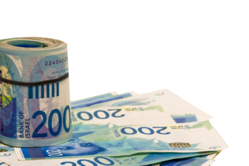 Money. New Israeli shekel. 200 shekel banknotes. Rolled banknotes are on banknotes lying on a transparent background.