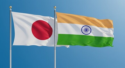 Two flags of Japan and India waving against a clear blue sky background.