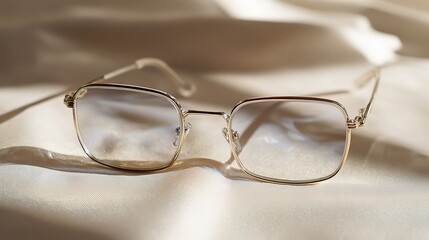 A pair of metal - framed glasses placed on a light - colored silk surface, with simple lines, presenting an exquisite eyewear display scene, suitable for business or daily wear.