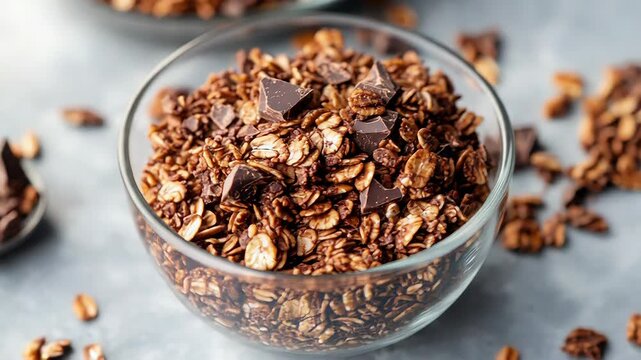 Pouring chocolate granola into glass bowl for breakfast preparation in kitchen setting. National Parfait Day