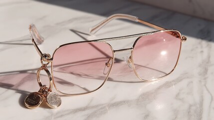 Stylish Decorative Sunglasses - Gold - framed, pink - gradient lenses with metal disc decorations, placed on a marble surface.