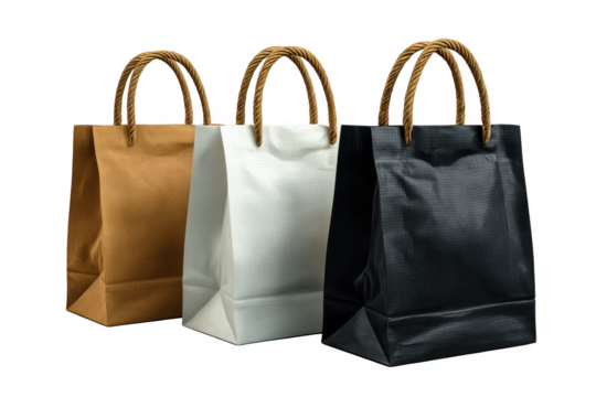 Three textured paper shopping bags in brown white and black with rope handles