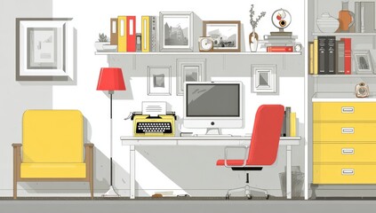 Cozy home office with yellow chair, red accents, and vintage typewriter