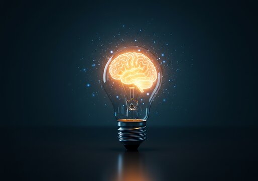 Glowing lightbulb with a human brain inside symbolizing a bright idea