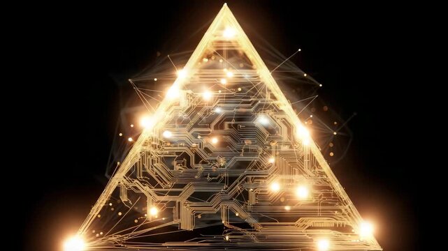 Triangle made of lights. yellow and are scattered all over the triangle. abstract triangle brain made of circuits, with qbit spheres entangled in glowing light threads, quantum ai development