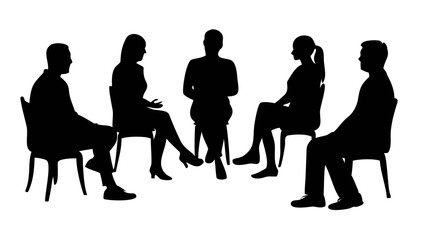 Group Therapy Silhouette: A group of diverse individuals engaged in a group therapy session, seated in a circle and deeply engrossed in the shared therapeutic process, with a focus on community.