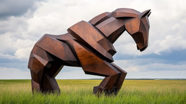 Abstract Wooden Horse Sculpture in Open Field with Dramatic Cloudy Sky Background - Powered by Adobe