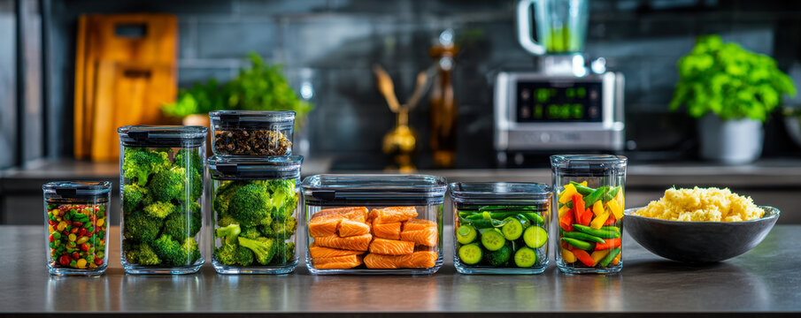 An aesthetically pleasing kitchen countertop showcasing a variety of fresh ingredients stored in stylish glass containers, promoting healthy meal prep and organization.
