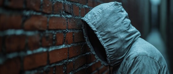 Hooded figure leaning against a brick wall in an urban alley, moody and atmospheric setting