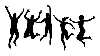 Joyful Silhouette: Energetic silhouettes leap with unrestrained joy, hands held high in celebration, symbolizing the boundless spirit of friendship, freedom and the joy of unity