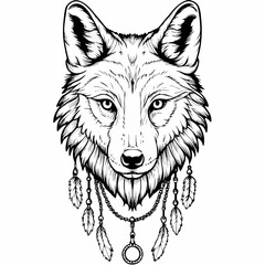 Fototapeta premium Detailed Black and White Wolf Head with Dreamcatcher Feathers - Vector Illustration