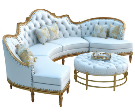 Luxurious white tufted curved sofa with gold accents and matching ottoman isolated on transparent background