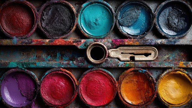 Close-up of a weathered paint palette - Powered by Adobe