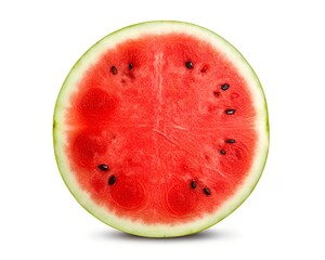 Vibrant slice of ripe watermelon with juicy red flesh and black seeds, showcasing its refreshing texture and sweet flavor, isolated on a clean white background for summer enjoyment.