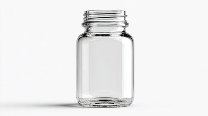 Empty transparent glass jar, placed on white background, simple empty container display.
