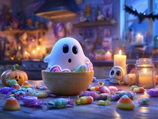 A big-eyed ghost popping out of a candy bowl