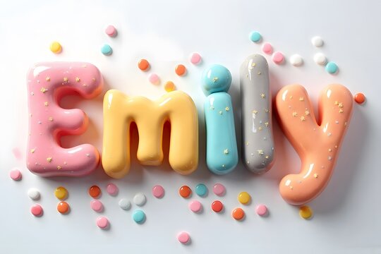 Colorful Cookie Letters Spelling Emily with Sprinkles on White Background