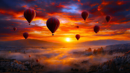 Fototapeta premium Experience the breathtaking beauty of colorful hot air balloons gracefully floating above a misty landscape at sunrise, where the sky transforms into a vivid palette of hope and serenity.