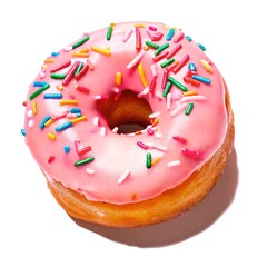 A delectable pink frosted donut adorned with colorful sprinkles rests on a clean white background, casting a subtle shadow, perfect for culinary and celebratory themes.